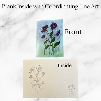 Front and inside view of the Purple Daisies note card from Tora Moon’s Blooming Expressions set. Front shows digital watercolor-style purple daisies; inside features coordinating black line art for a creative, elegant touch.