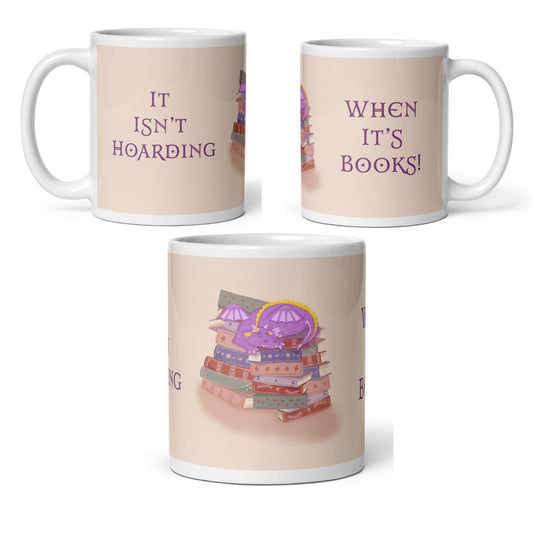 Three mugs with purple dragon on a stack of books  on white beige background showing full design with text: it isn't hoarding when it's books