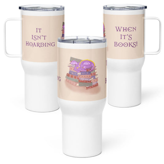 Three white tumblers with a pink dragon on book stack on a white background showing full design with text: it isn't hoarding when it's books