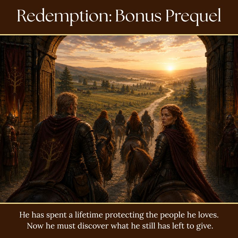 Histrun and Zehala lead a group of riders out of Strunland Keep at dawn in Redemption, the bonus prequel to Tora Moon’s Legends of Lairheim series.
