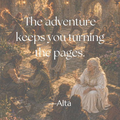 Fantasy life in Lairheim unfolds around a white-robed priestess as people train, work, gather, and practice magic. Review quote: “The adventure keeps you turning the pages.” —Alta
