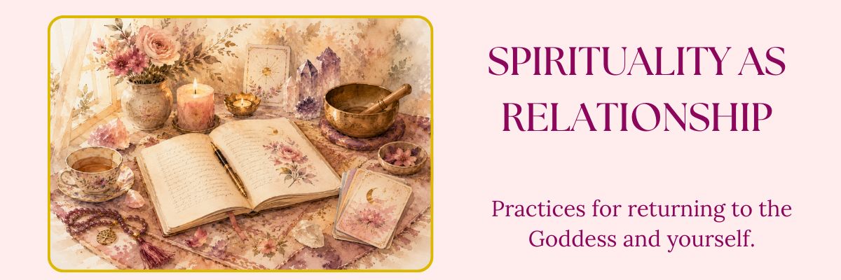 Banner introducing the Sacred Devotional Practices collection as a welcoming place to explore spiritual practices that nurture an ongoing relationship with the Goddess through everyday acts of prayer, reflection, ritual, and presence.