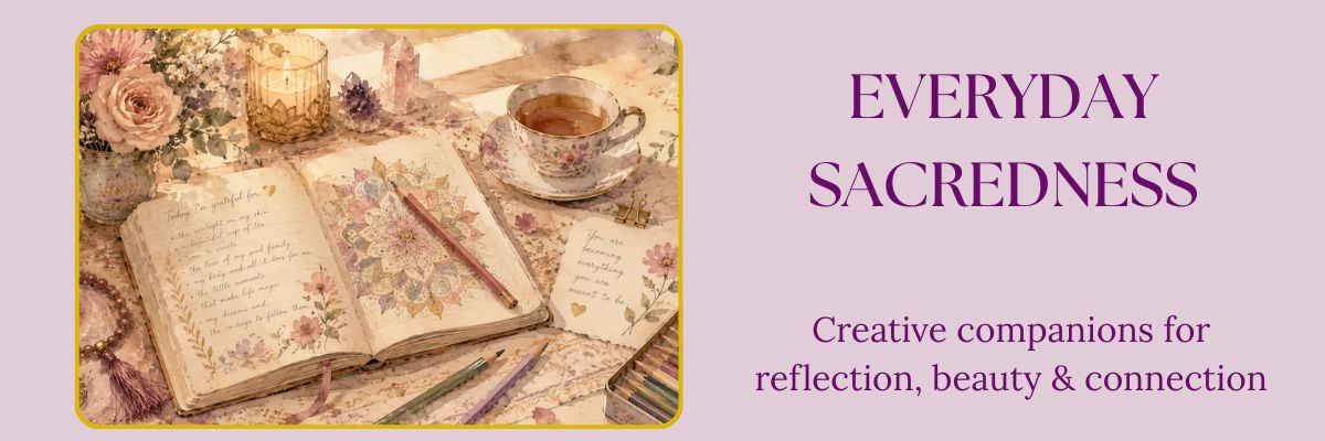 Banner for the Spiritual Living & Creative Companions collection featuring an open journal with a floral mandala illustration, tea cup, candle, flowers, colored pencils, and prayer beads arranged in a serene creative space.