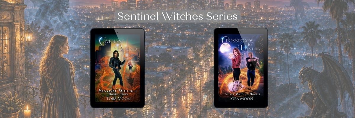 Hero image introducing the Sentinel Witches series, showing the two available books against a modern city where hidden supernatural creatures hint that the world is far richer than it first appears.
