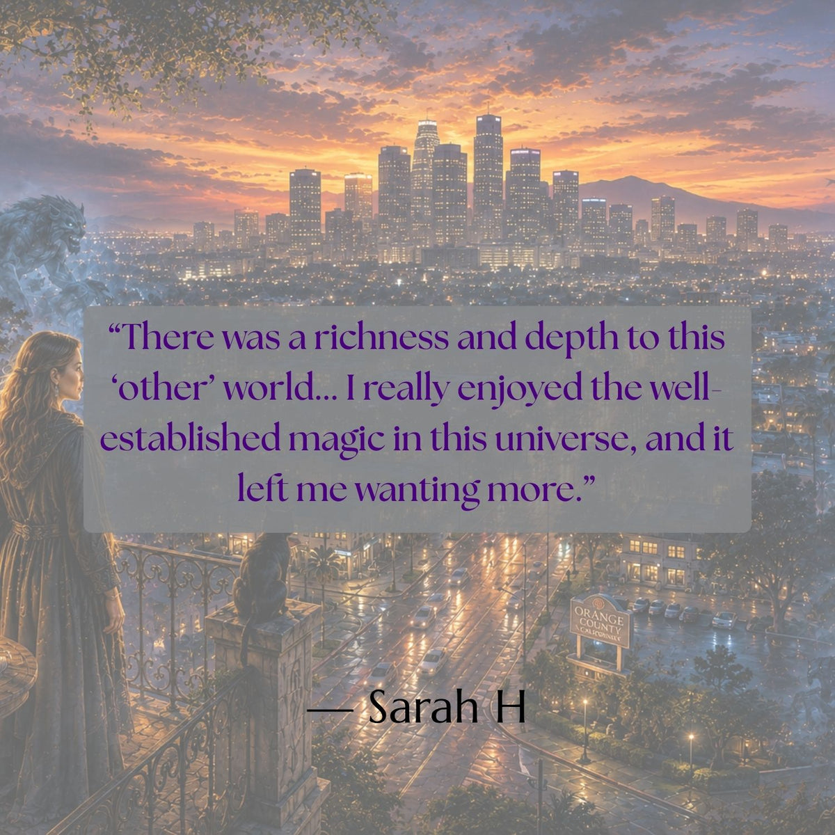 A magical figure overlooks a modern city where supernatural creatures hide in plain sight, featuring a reader review praising the richness, depth, and well-established magic of the Sentinel Witches world.