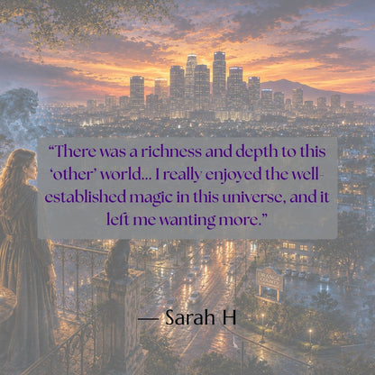 A magical figure overlooks a modern city where supernatural creatures hide in plain sight, featuring a reader review praising the richness, depth, and well-established magic of the Sentinel Witches world.