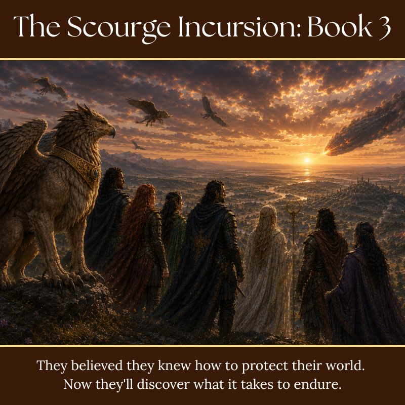 The people of Lairheim and the Gryphon prince watch a Scourge ship descend toward their world in The Scourge Incursion, Book 3 of Legends of Lairheim.