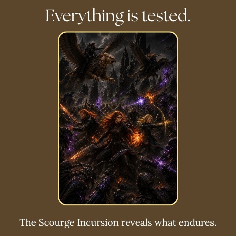 Rizelya, Blazel, their allies, and Gryphons fight the Scourge as everything they value is tested. The Scourge Incursion reveals what endures.
