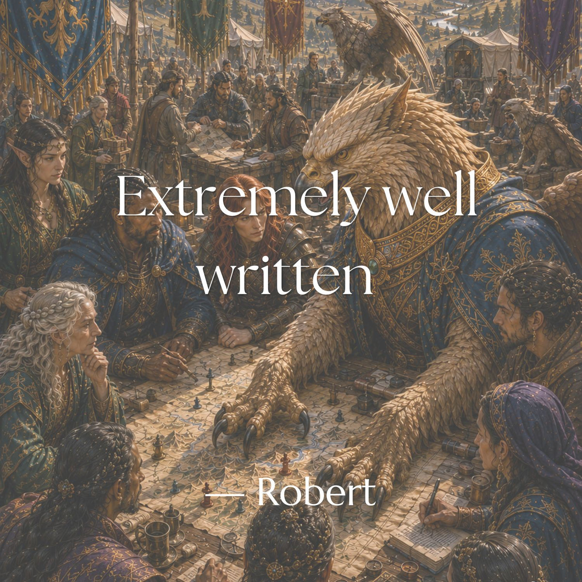 Reader review of The Scourge Incursion: “Extremely well written” — Robert, shown over Posair and Gryphon leaders planning together.