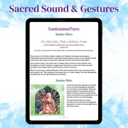 Sample Abundance practice page showing the Lakshmi mantra with pronunciation and meaning alongside the corresponding mudra and guidance.