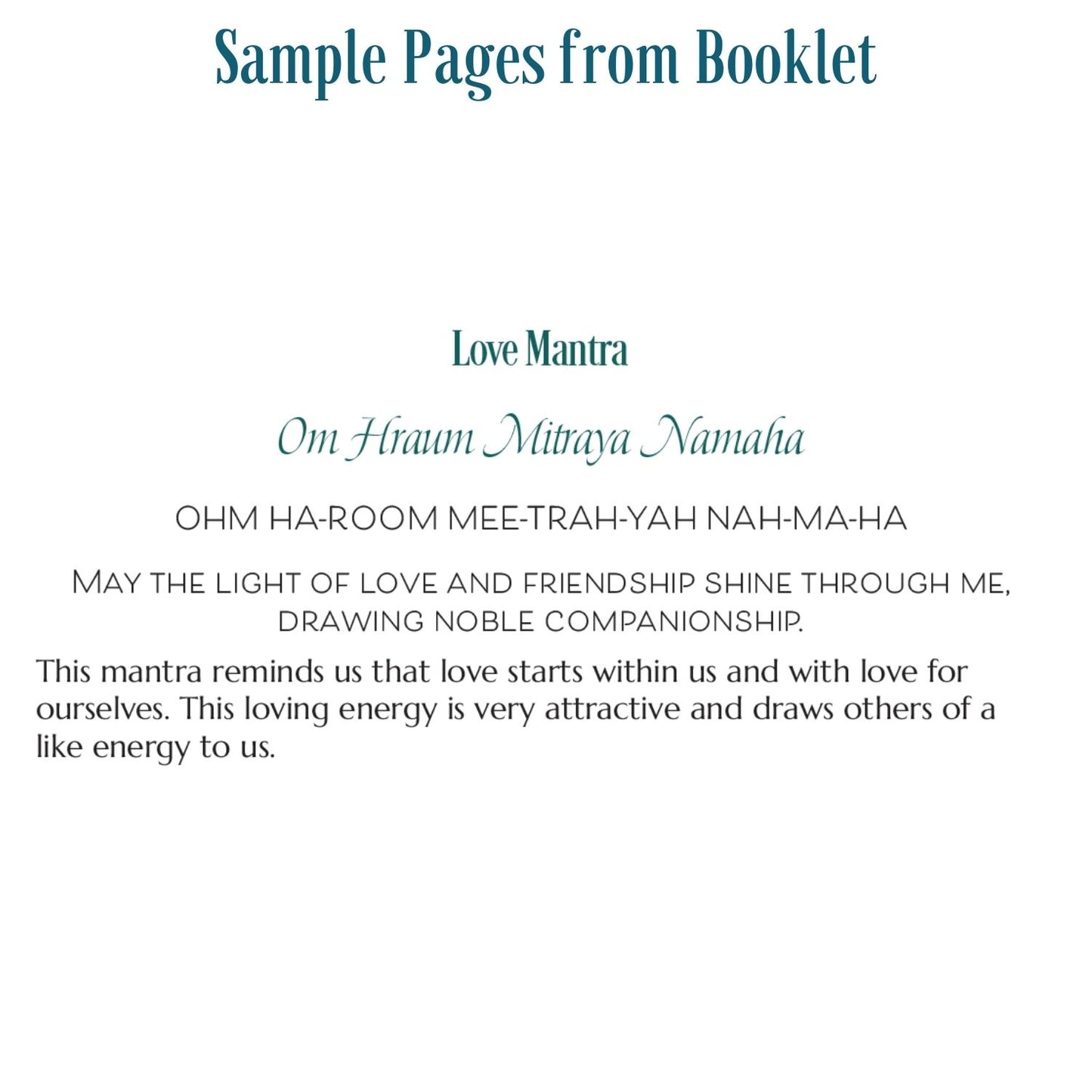 Sample page from Transformational Prayers booklet showing Love mantra text, Sanskrit pronunciation, meaning, and devotional guidance
