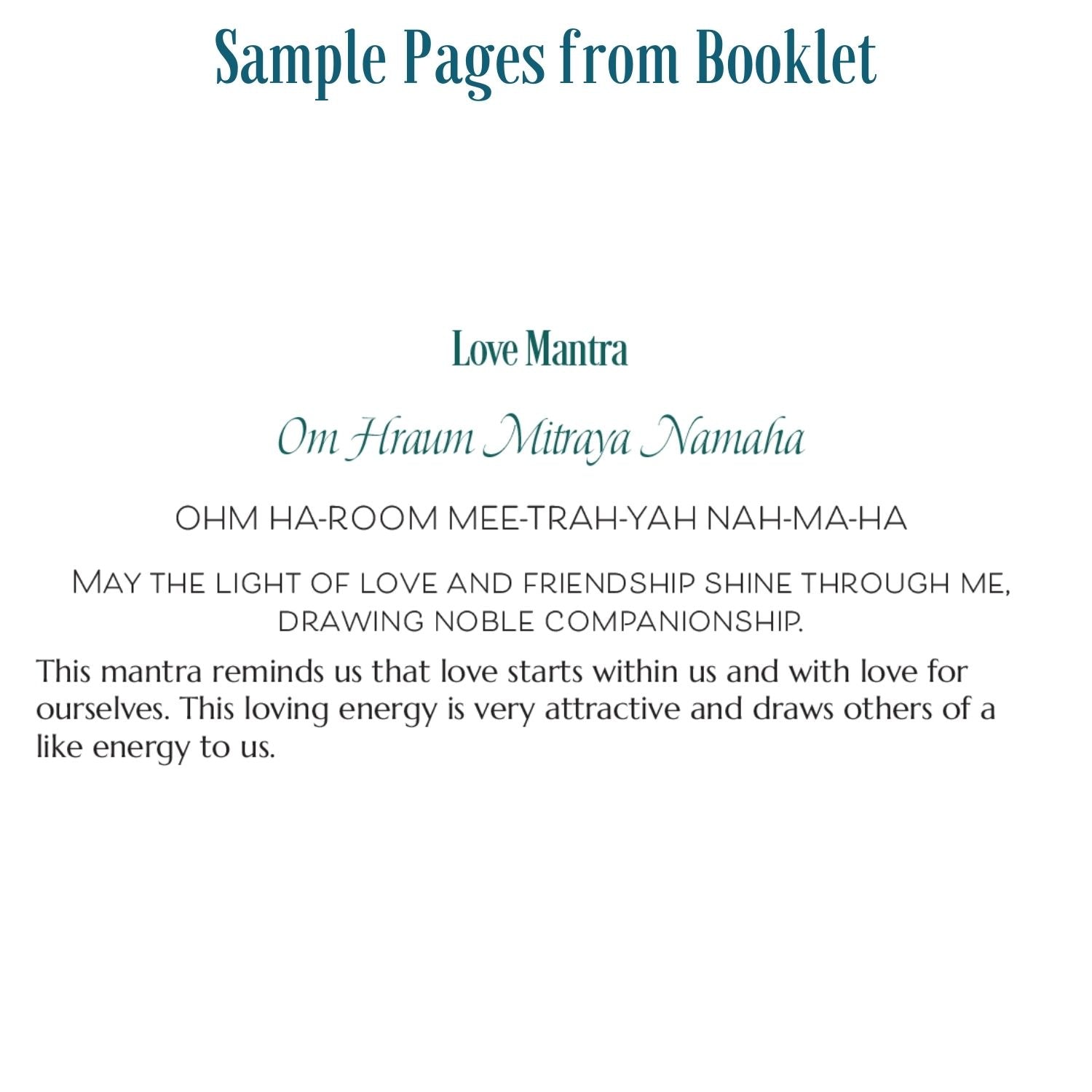 Sample page from Transformational Prayers booklet showing Love mantra text, Sanskrit pronunciation, meaning, and devotional guidance