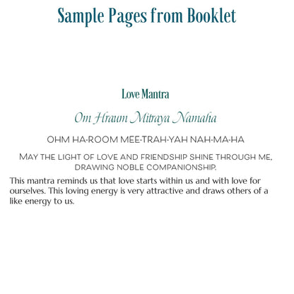 Sample page from Transformational Prayers booklet showing Love mantra text, Sanskrit pronunciation, meaning, and devotional guidance