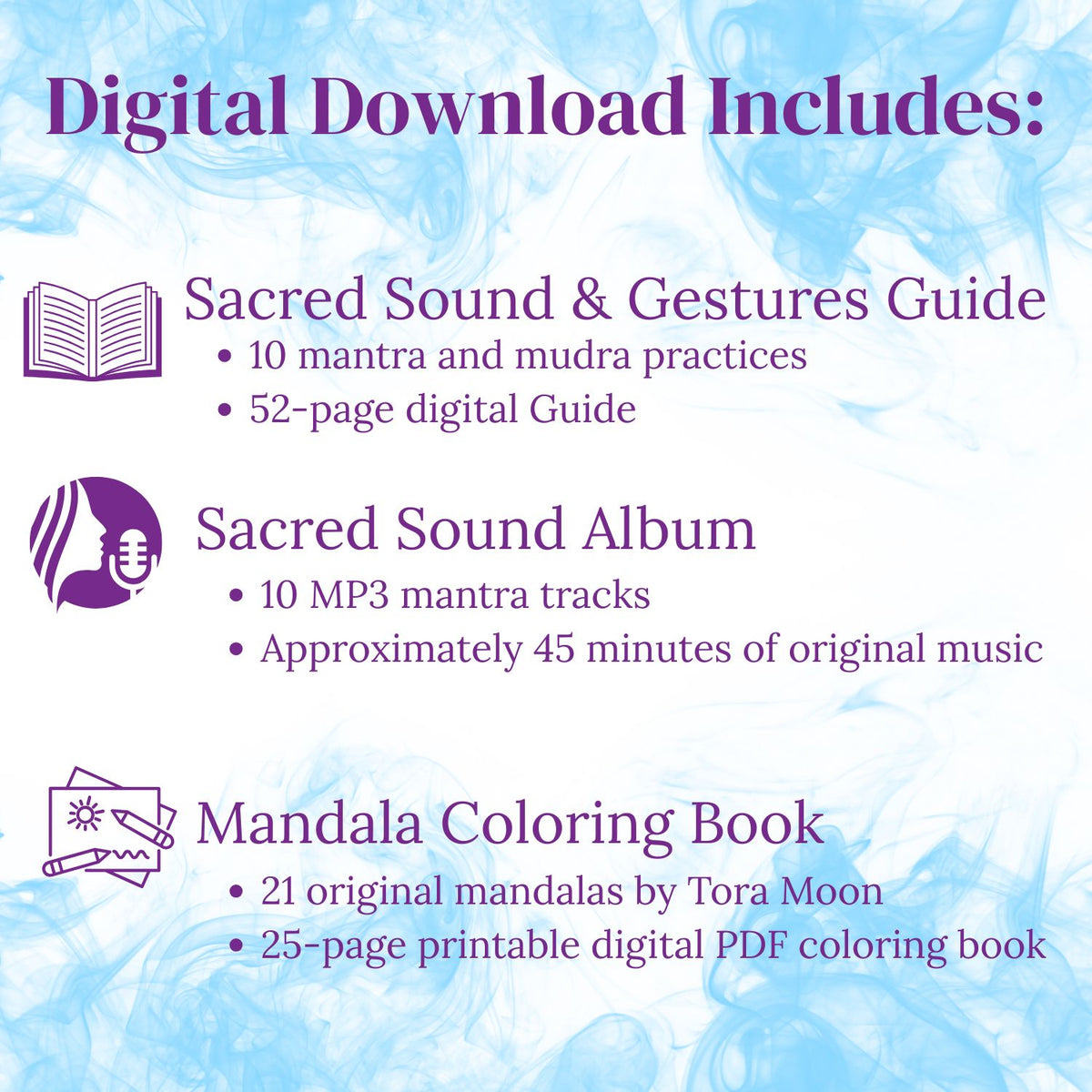 Transformational Prayers Complete Collection digital download includes a 52-page mantra and mudra Guide, 10-track Sacred Sound Album, and 25-page printable Mandala Coloring Book with 21 original mandalas.