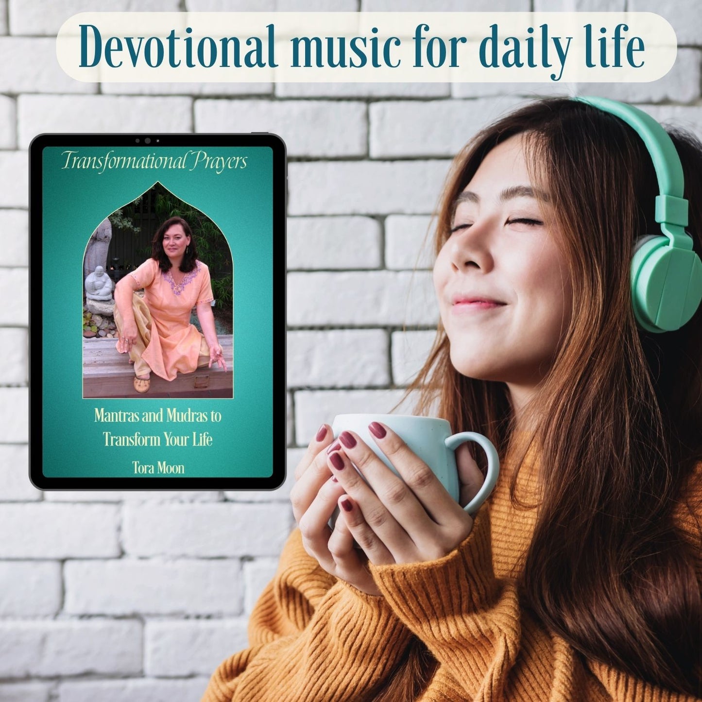 Woman listening to Transformational Prayers devotional music with headphones, showing sung mantra practice for daily life and relaxation