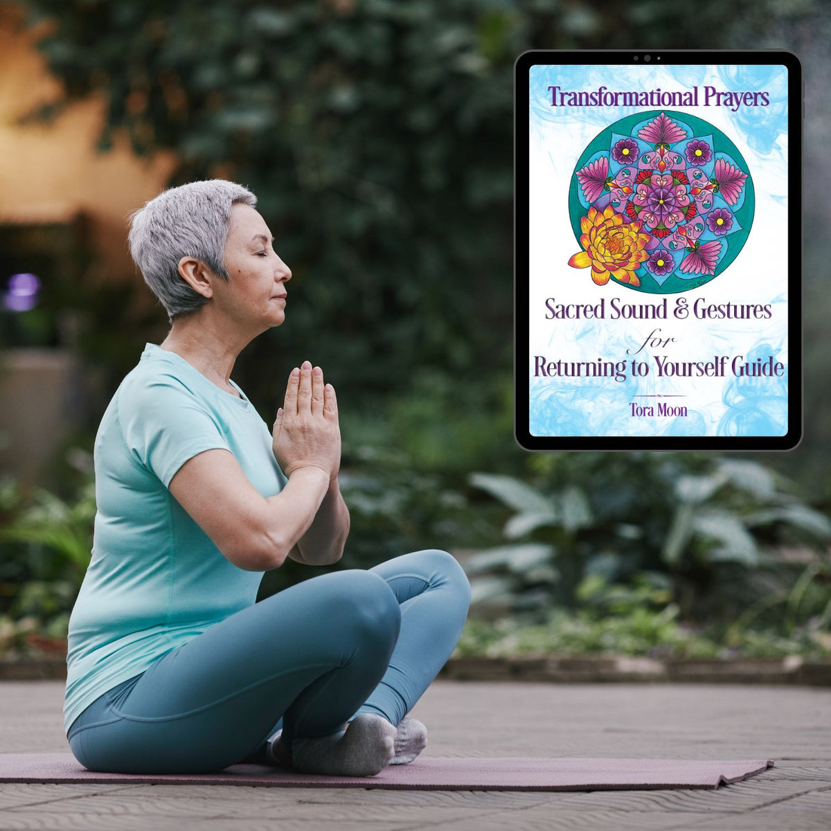 Woman seated outdoors with hands together in meditation beside the Transformational Prayers digital Guide, representing its use as a devotional practice.