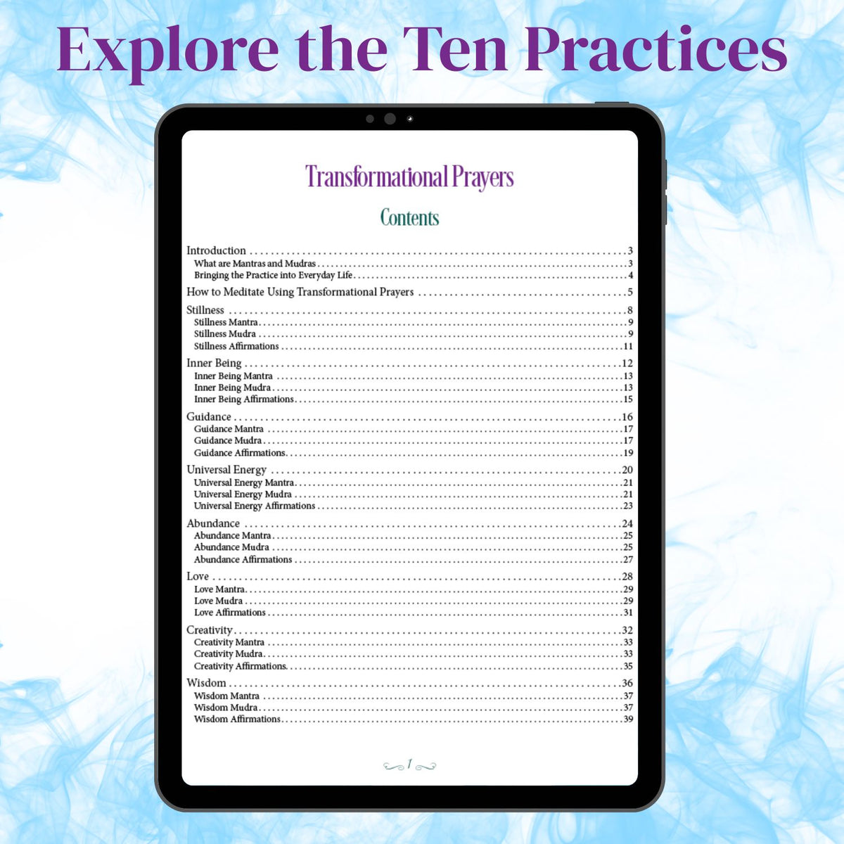 Sample contents page from the Transformational Prayers Guide showing the structure of the mantra, mudra, and affirmation practices.