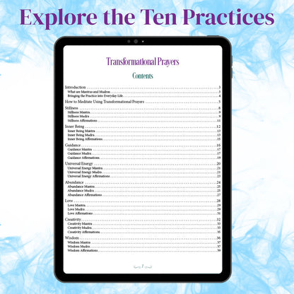 Sample contents page from the Transformational Prayers Guide showing the structure of the mantra, mudra, and affirmation practices.