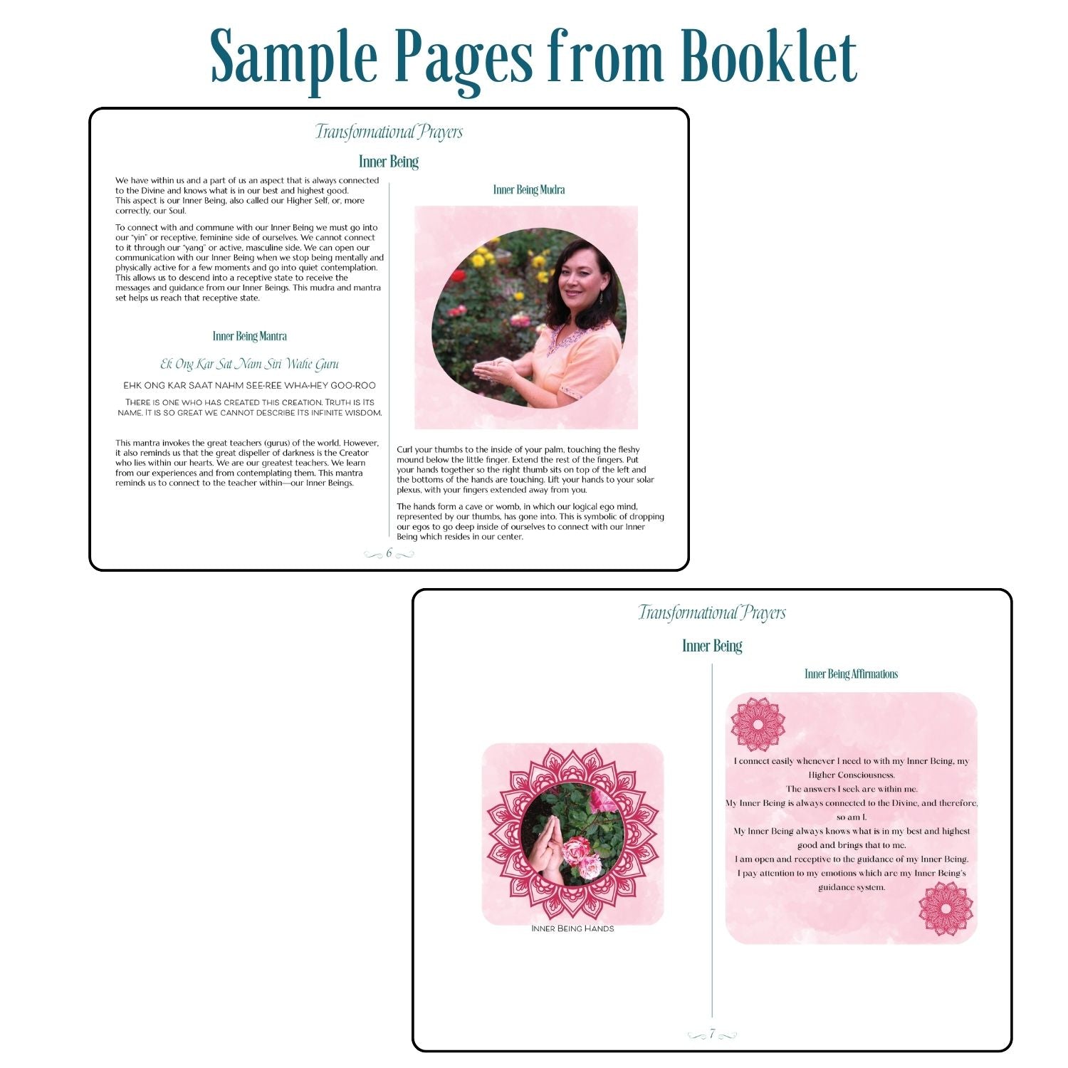 Sample pages from Transformational Prayers illustrated mudra booklet showing mantra explanations, affirmations, and hand positions