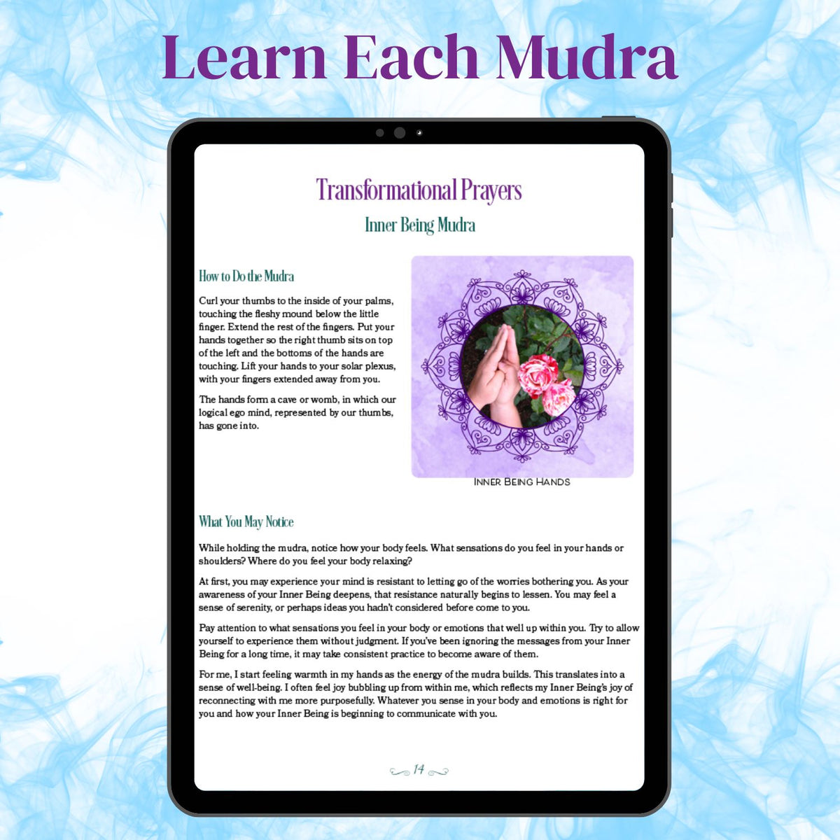 Sample Inner Being Mudra page with hand-position photograph, instructions for forming the mudra, and guidance on what you may notice during practice.
