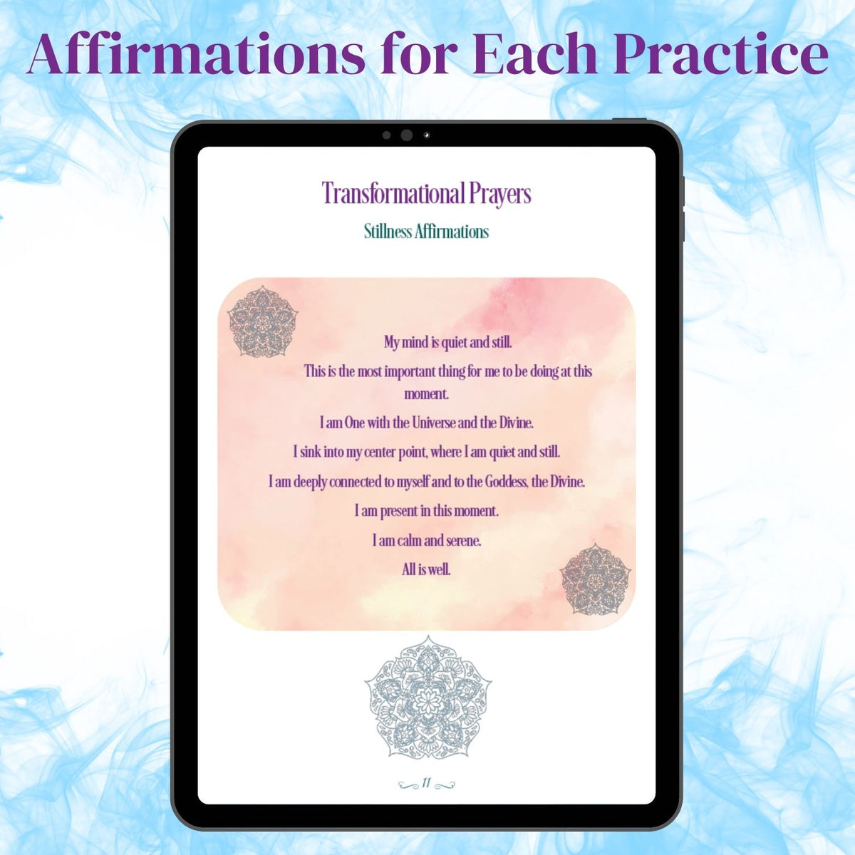 Sample Stillness Affirmations page with eight affirmations and mandala artwork from the Transformational Prayers Guide.