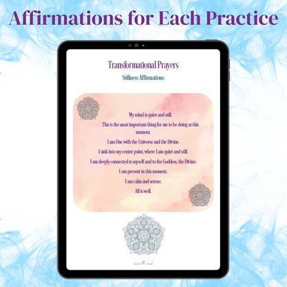 Sample Stillness Affirmations page with eight affirmations and mandala artwork from the Transformational Prayers Guide.