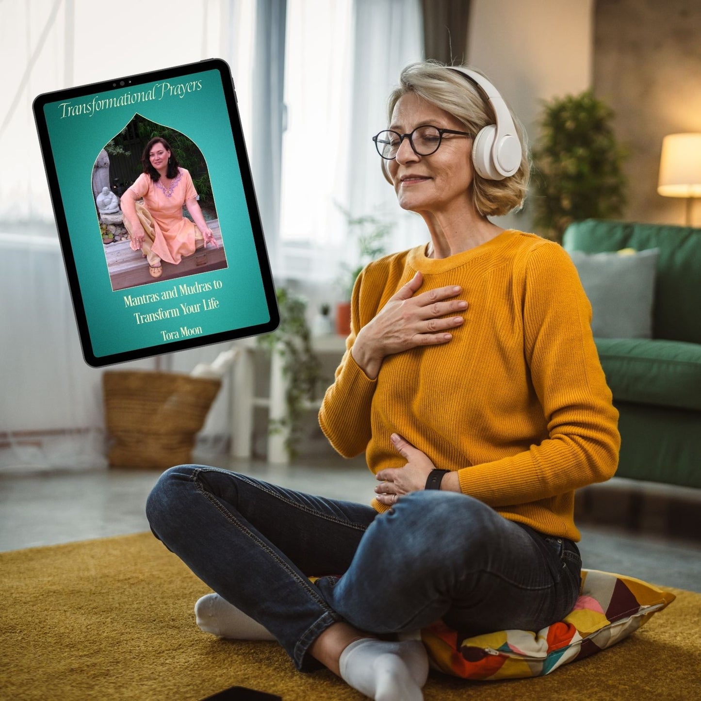 Woman listening to Transformational Prayers sung mantra audio in a seated position, using devotional music for meditation and embodiment
