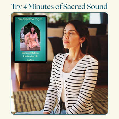 Woman sitting calmly indoors with eyes closed in meditation, tablet displaying Transformational Prayers digital download by Tora Moon featuring 10 sung Sanskrit mantras (MP3) and illustrated mudra booklet for grounding and daily spiritual practice.