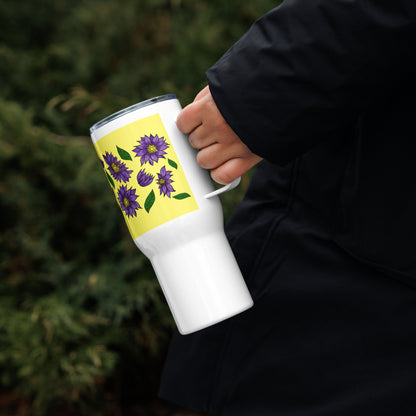 product mockup travel cup with Tora's purple daisies art design
