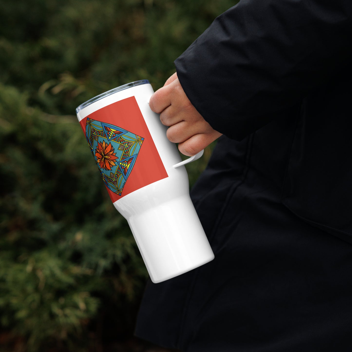 Fiery Radiance Mandala 25-oz Travel Mug with Handle