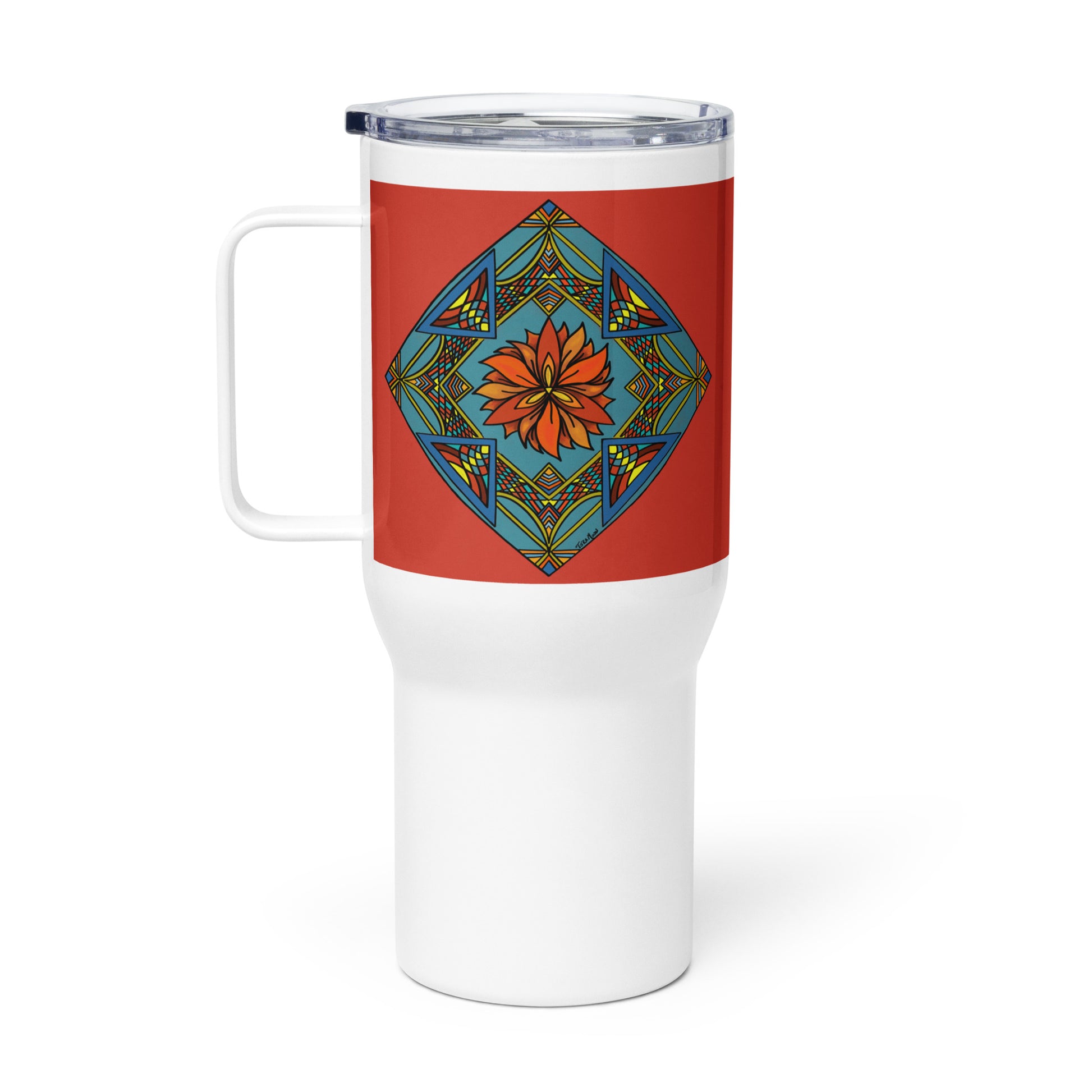 Product mockup travel mug with fiery radiance mandala design