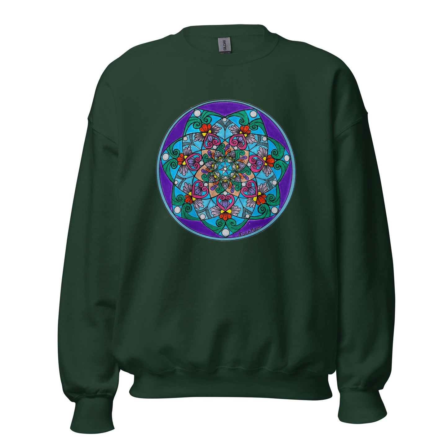 Product mockup-sweatshirt with elemental 7-petal mandala design