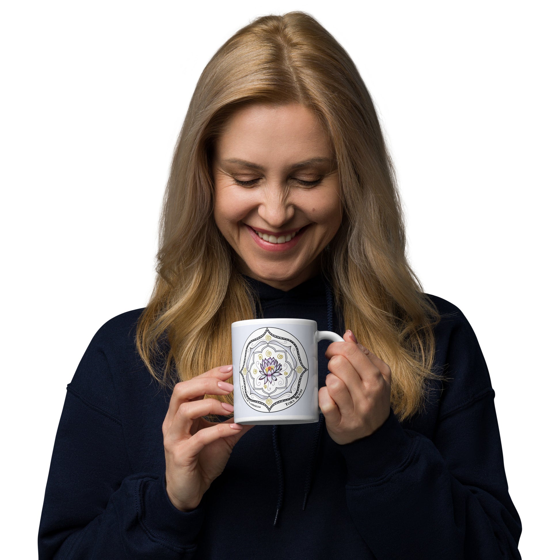 Legends-white-mandala-glossy-mug-woman-holding