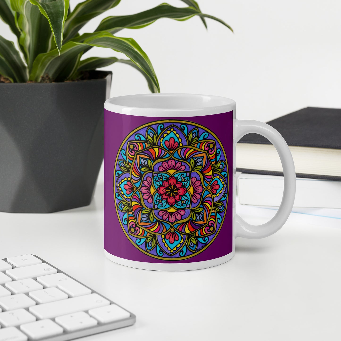 Floral Scrolls Mandala Glossy White Mug