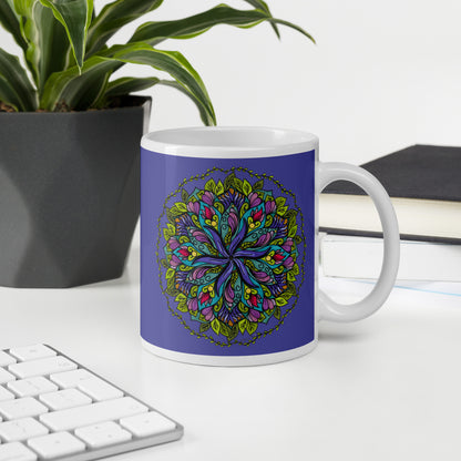 Bloom in Balance Swirling Flower Mandala Glossy White Mug